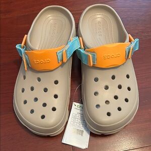 Brand new CROCS - tan with orange and blue